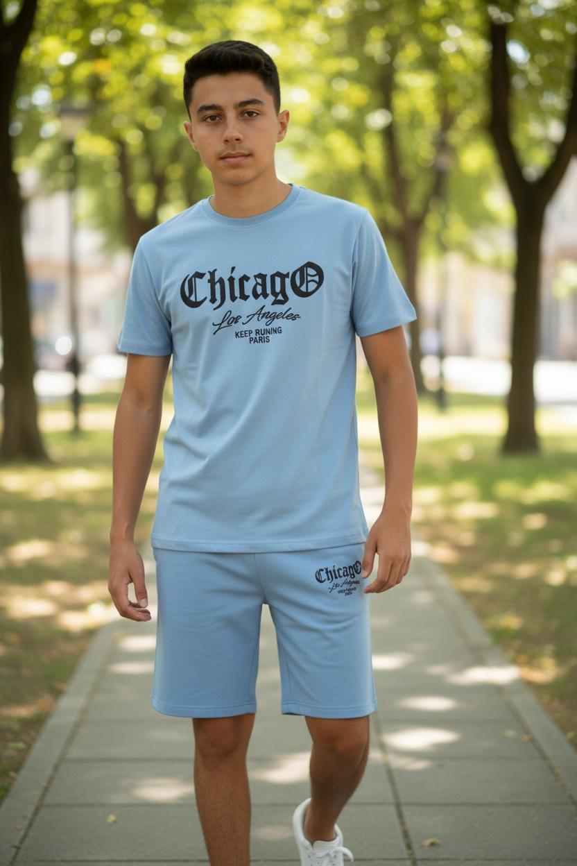 Ensemble Enfant Garçon T-shirt Imprimé Chicago & Short Assorti – Style Casual – Lot de 6 Pièces (Tailles 4 à 14 ans)