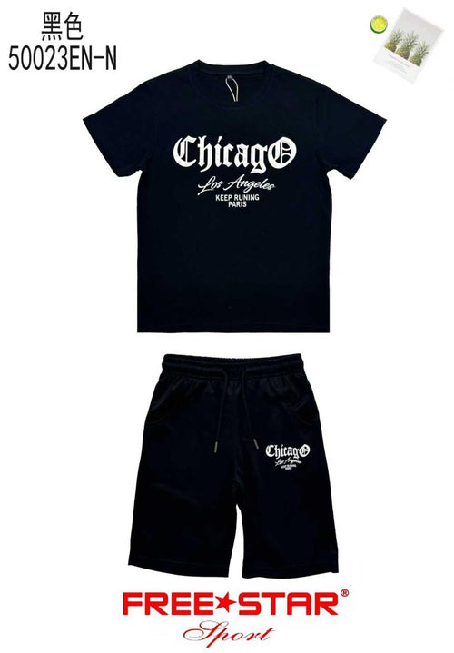 Ensemble Enfant Garçon T-shirt Imprimé Chicago & Short Assorti – Style Casual – Lot de 6 Pièces (Tailles 4 à 14 ans)