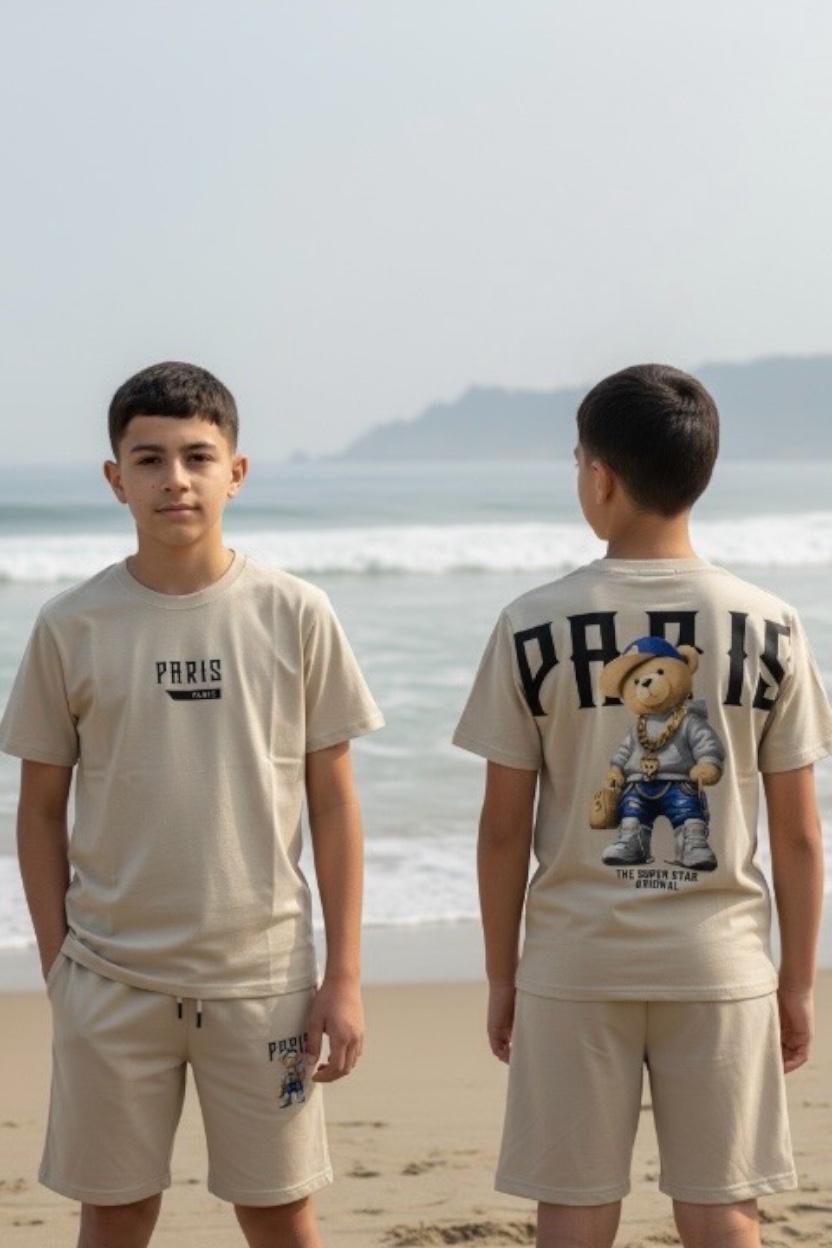 Ensemble Enfant Garçon T-shirt Imprimé Ourson Dos & Short Assorti – Style Streetwear – Lot de 6 Pièces (Tailles 4 à 14 ans)