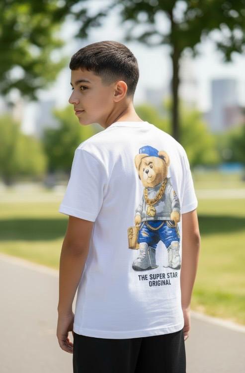 Ensemble Enfant Garçon T-shirt Imprimé Ourson & Short Streetwear – Lot de 6 Pièces (Tailles 4 à 14 ans)