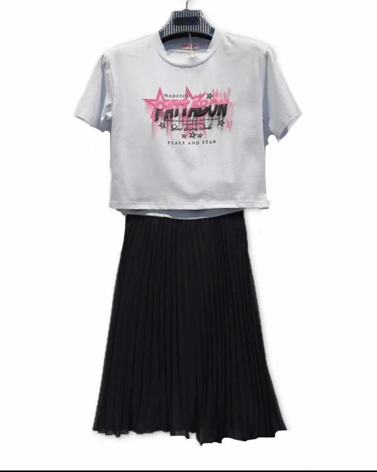Ensemble fille jupe plissée et t-shirt manches courtes – Lot de 6 Pièces (Tailles 4 à 14 ans)