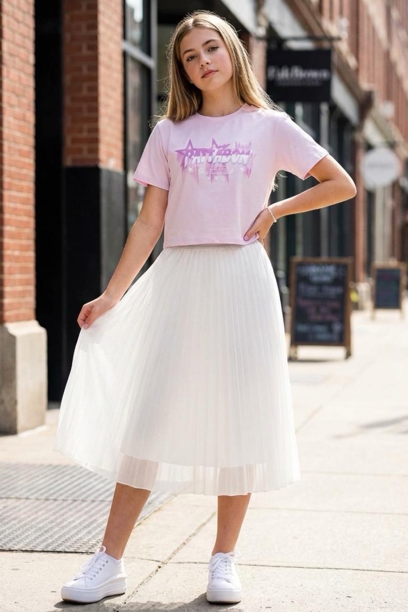 Ensemble fille jupe plissée et t-shirt manches courtes – Lot de 6 Pièces (Tailles 4 à 14 ans)