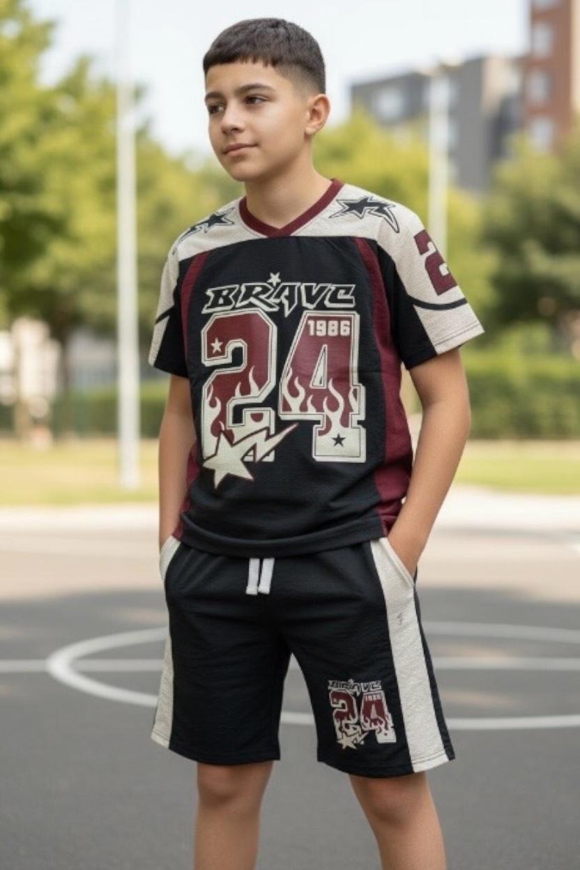Ensemble garçon t-shirt imprimé Brave 24 et short assorti – Lot de 5 Pièces (Tailles 6 à 14 ans)