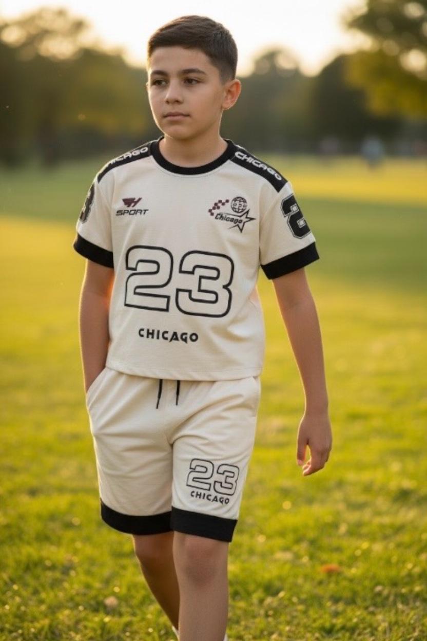Ensemble garçon t-shirt imprimé Chicago 23 et short assorti –  Lot de 5 Pièces (Tailles 6 à 14 ans)