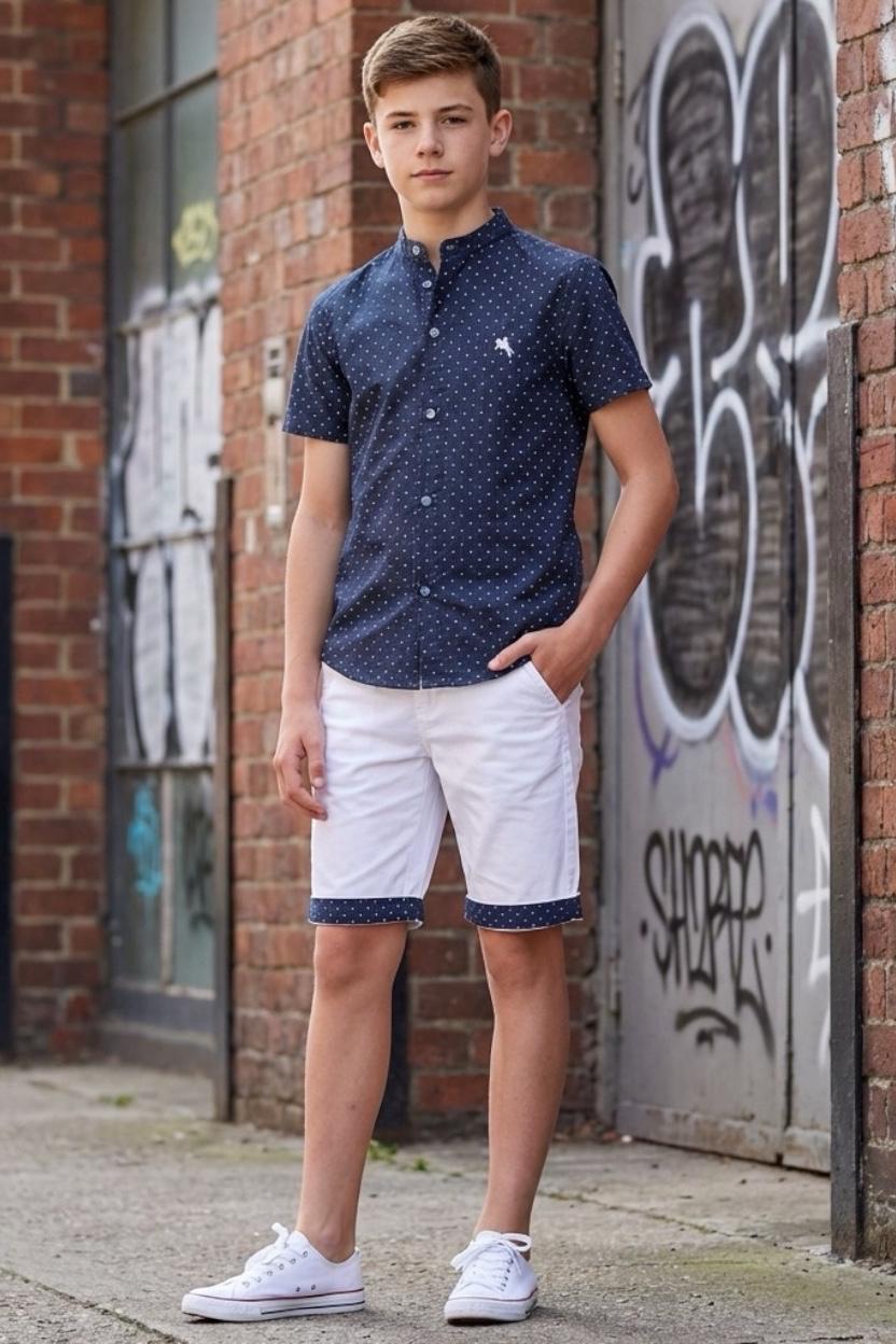 Ensemble garçon chemise à pois avec col officier et short assorti – Lot de 6 Pièces (Tailles 4 à 14 ans)