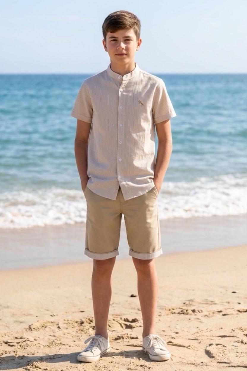 Ensemble garçon chemise manches courtes à rayures et short – Lot de 6 Pièces (Tailles 4 à 14 ans)